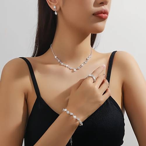 eu womens premium 4pcs jewelry set bridal accessories necklace stud earrings bracelet and ring gown accessories