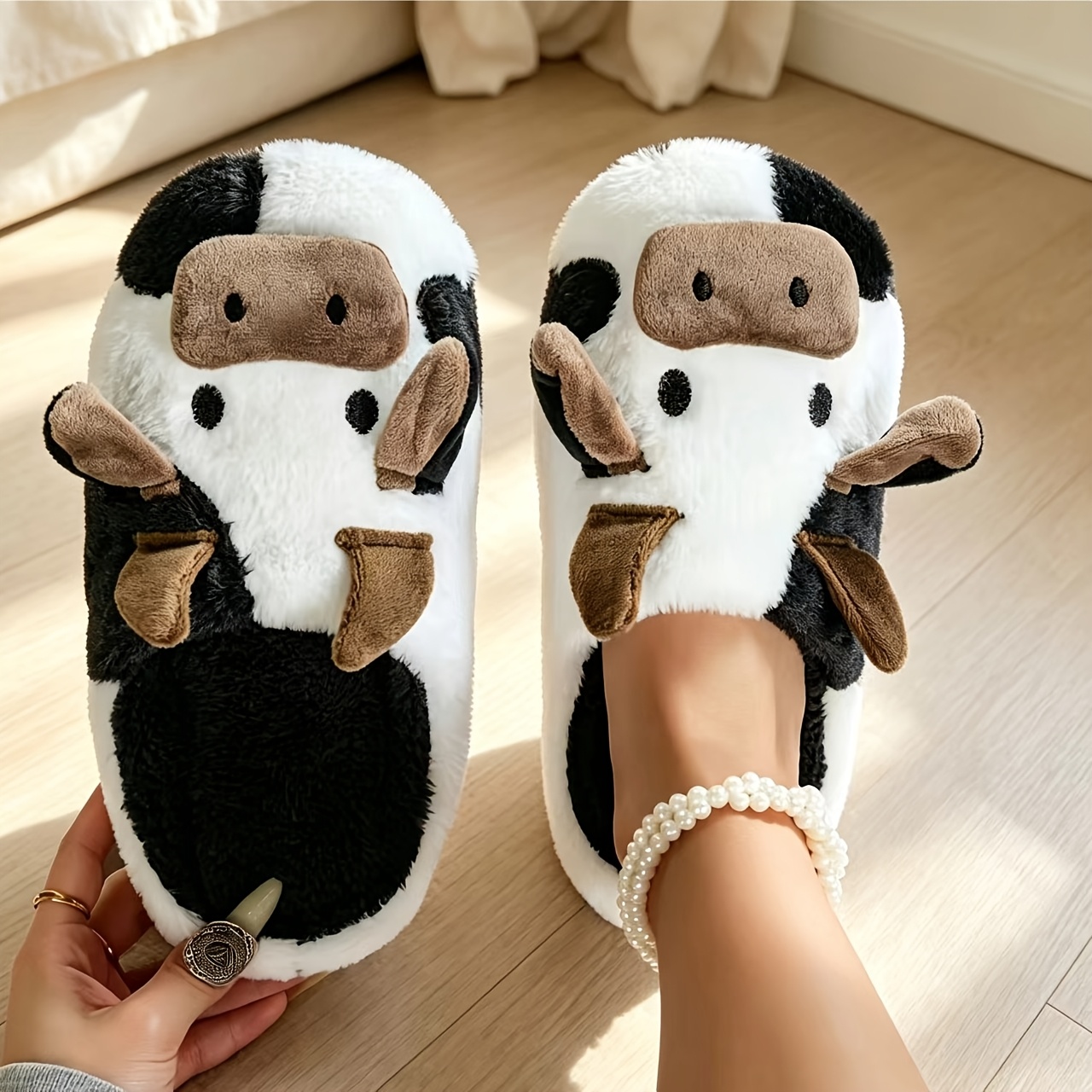 TEMU New Stylish And Cute Couple's Slip-on Cow Print Silent Slippers., Women Shoes