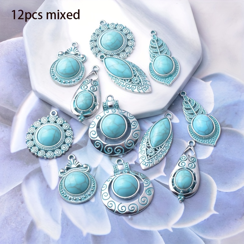 E-shop 12 Stück/Packung Vintage-Stil Zinklegierung Grüne Acryl Feder Anhänger Set für DIY Halskette und Ohrringe Zubehör Frauen Ohrringanhänger