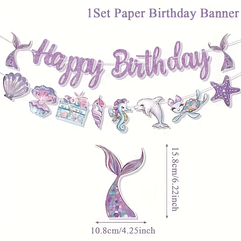TEMU 1 Set Mermaid Happy Birthday Paper Banner, Purple Mermaid Themed Party Pennant Flags, Birthday Party Atmosphere Decorations, Banner, Happy
