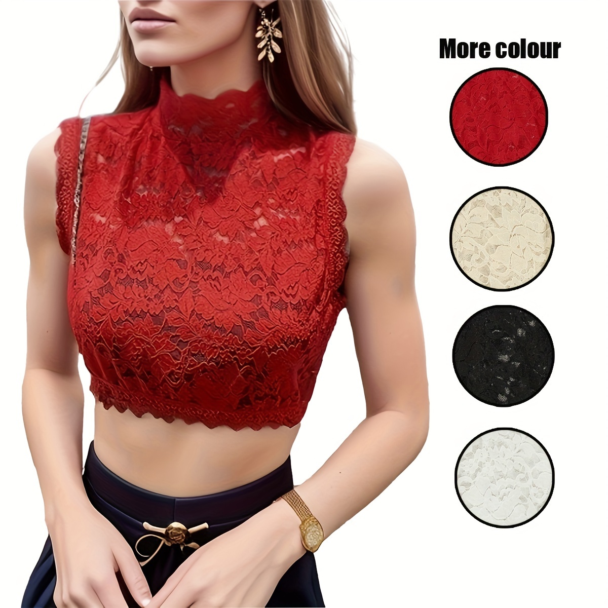 

Chic Women's Lace Detachable Collar - Breathable, Stretchy Sleeveless Vest For Layering - Parties & Casual Attire