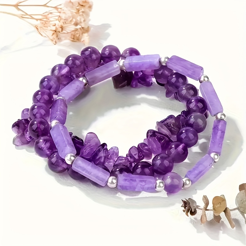 3pc Natural Amethyst Bracelet Set, Elegant Style