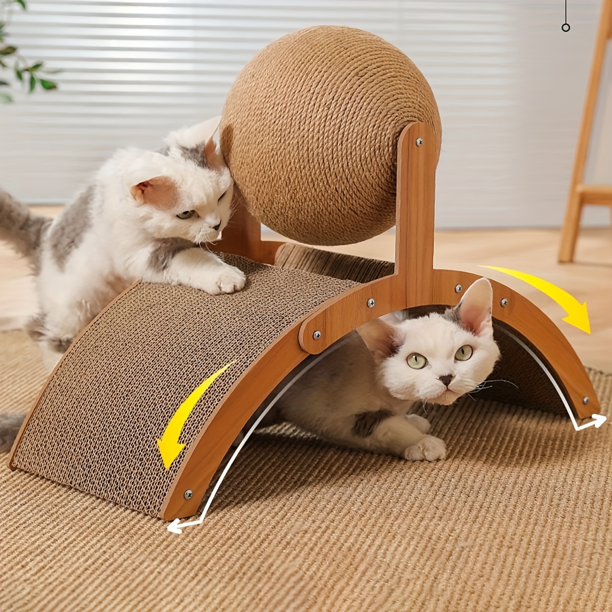 

1pc Wooden Cat Scratching Pad, Vertical Arched Cardboard Cat Scratching Board With Sisal Ball, Wear-resistant And Easy To Install