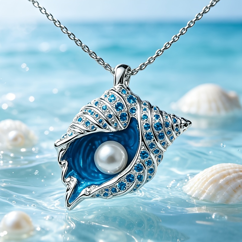 TEMU Collar con colgante de diseño de estilo , cobre adornado con esmalte azul, con incrustaciones de circonita sintética azul, accesorio de viaje