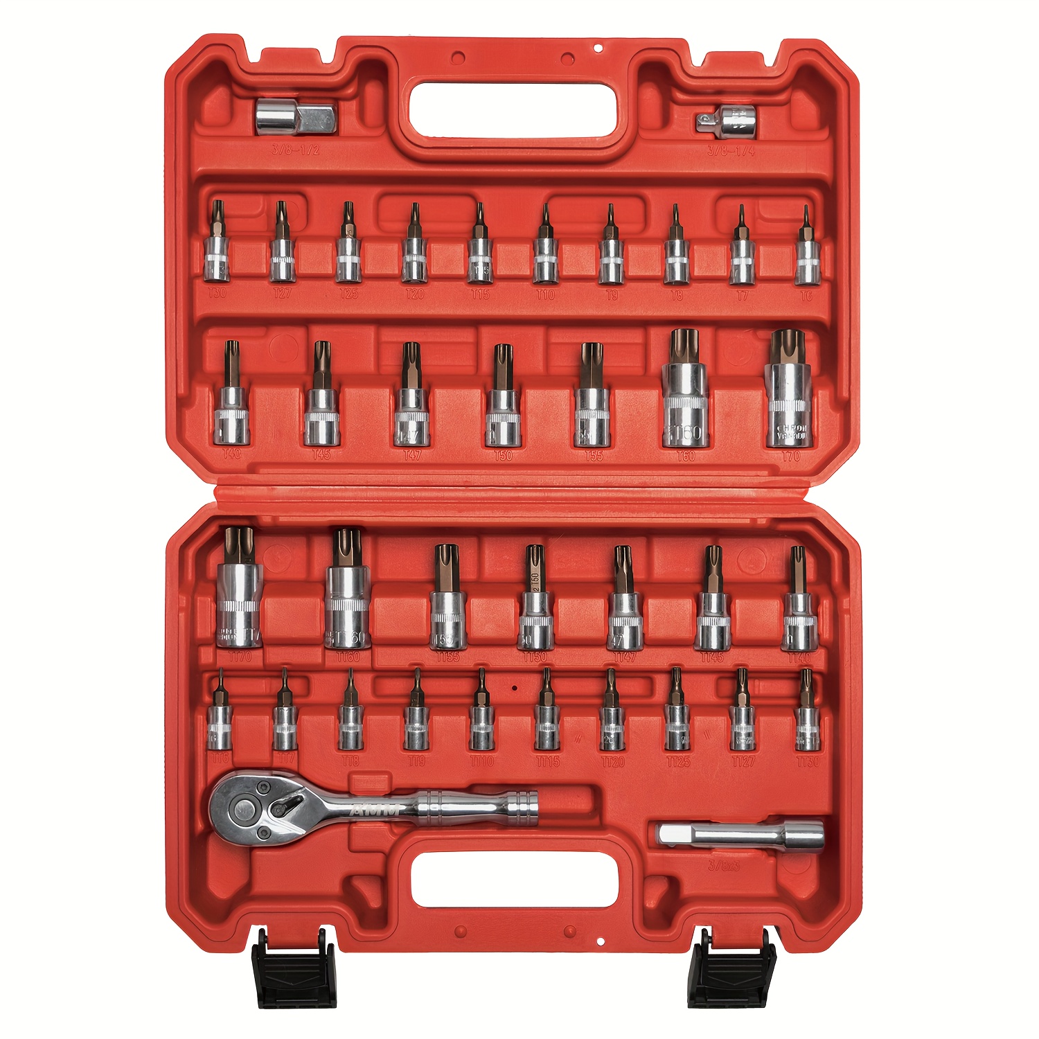 TEMU Jeu de Douilles Torx AMM, Douilles Torx -Manipulation -T60, à Cliquet 3/8" avec Adaptateurs 3/8" vers 1/4" et 3/8" vers 1/2", Extension 3/8",