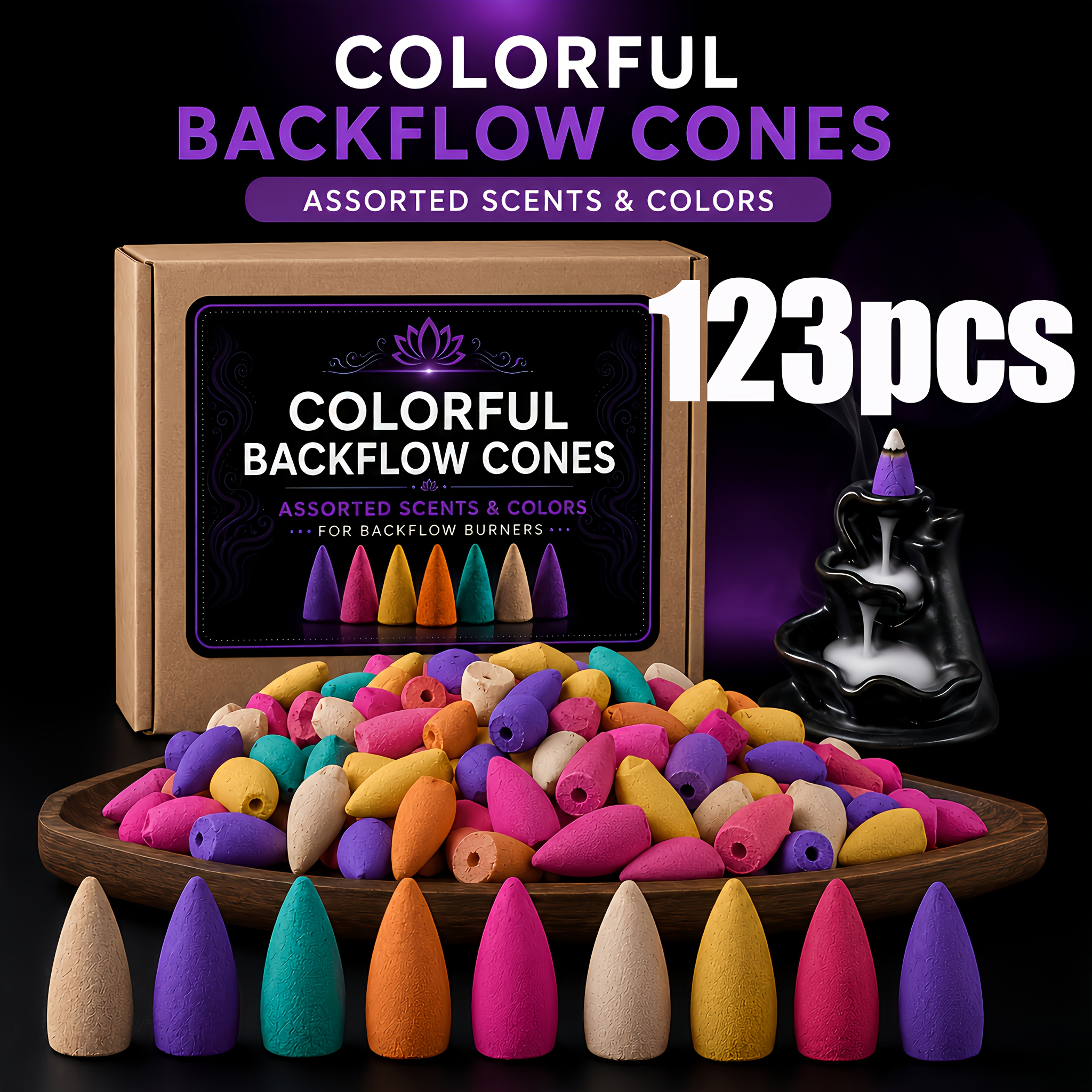 TEMU 123 Rainbow Reversing Cone, Mixed Of Multiple Popular Scents, Including Lavender, Rose, Jasmine, Vanilla, , White , Vanilla Amber, Frankincense,