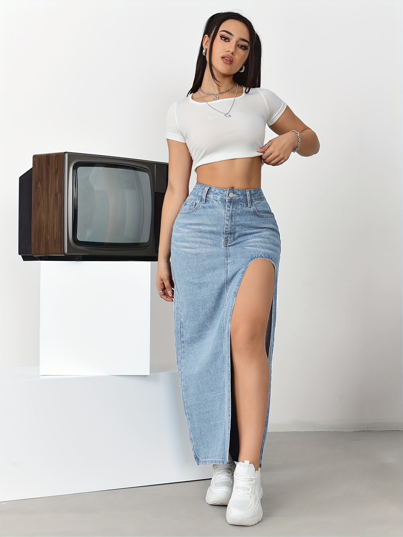 women' wash denim midi skirt high thigh blend - Temu United