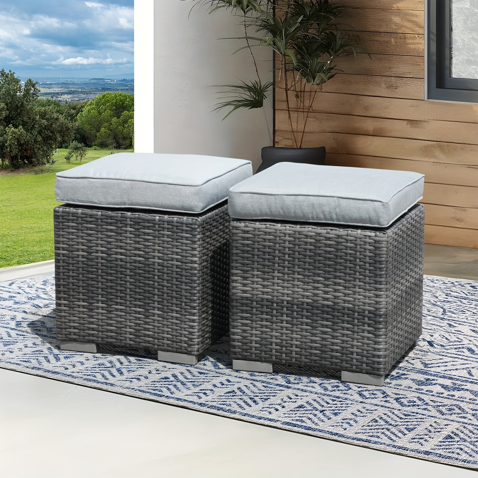 

2-piece Assembled Outdoor Patio Ottoman, Indoor Outdoor All-weather Wicker Rattan Outdoor Footrest Seat