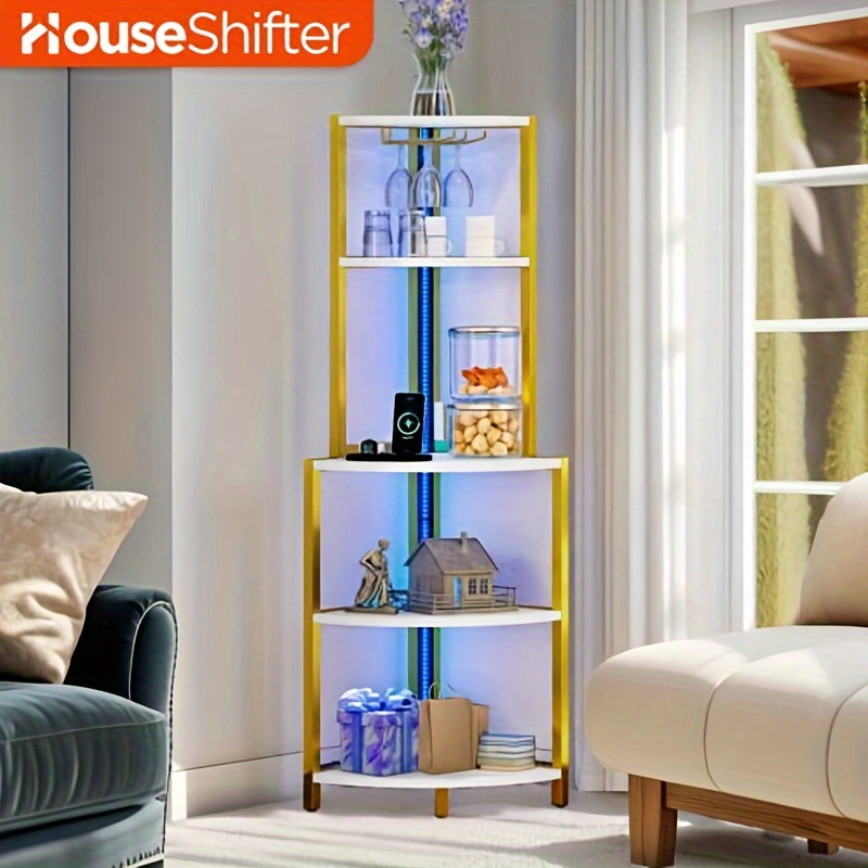 

Homiflex Corner Shelf With Power Outlets & Led Lights & Glass Holder, 5 Tier Rack, Corner Storage Cabinet Display Shelves For Living Room, Dining Room, Kitchen, Gold
