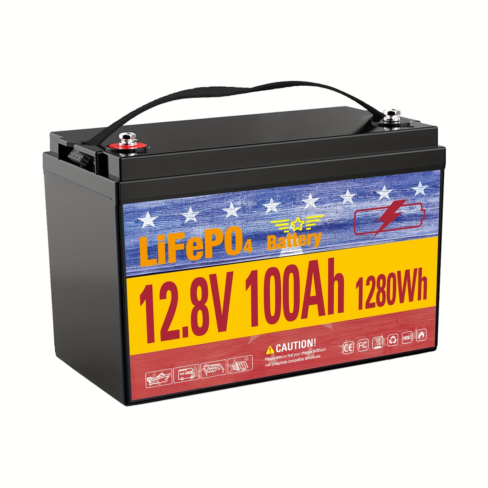 TEMU 12.8v 100ah Lifepo4 Battery 12.8v Lithium Battery, Built-in 100a Bms Rechargeable Battery, Support Series Parallel Connection, Trolling Motor, Rv, Solar Power System, Marine, Storage And Off Grid