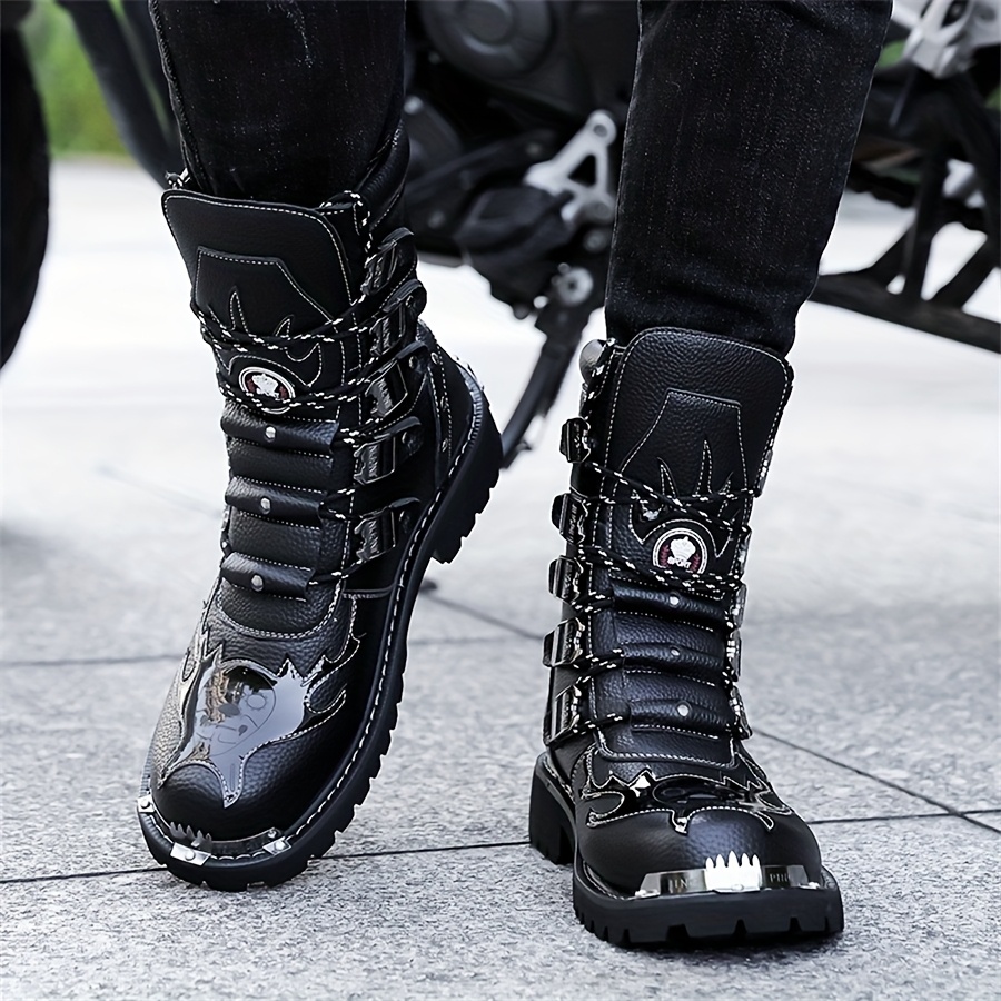 mens motorcycle boots black cover metal buckles thick Temu Germany