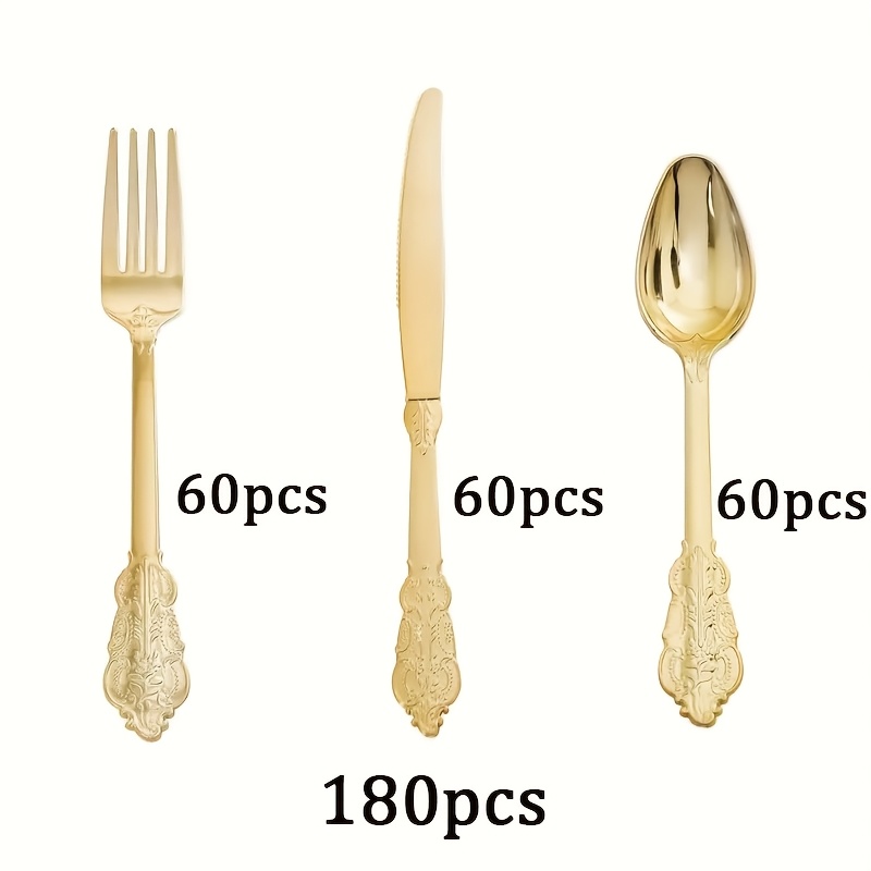 TEMU 180pcs Exquisite Disposable Cutlery Set, Suitable For 60 Guests, In Golden/silvery, Sturdy And Durable Heavy-duty Plastic Utensils, Ideal For