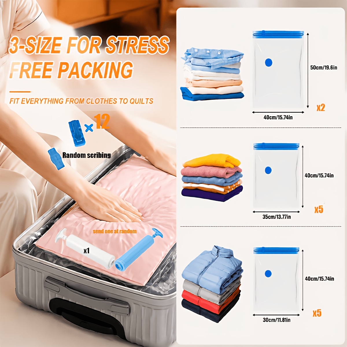 TEMU Lot de 25 sacs de rangement sous vide, 5 (S) + 5 moyens (M) + 2 grands (L), sacs de compression multi-tailles avec 12 séparateurs et une pompe à