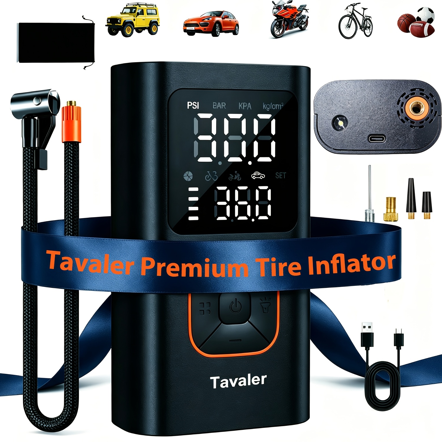 Image of Tavaler Portable Cordless Tire Inflator With Rechargable Battery, Dual Lcd Display 360g Lightweight 4 Auto Shut Off, Led Light Full Accessories For Use