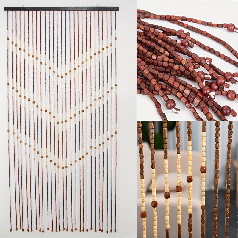 TEMU 1set Retro Non-perforated Solid Wood Bead Door Curtain (27pcs) A Unique Handcrafted Solid Wood Simple Bead String Blocking Curtain, Suitable For