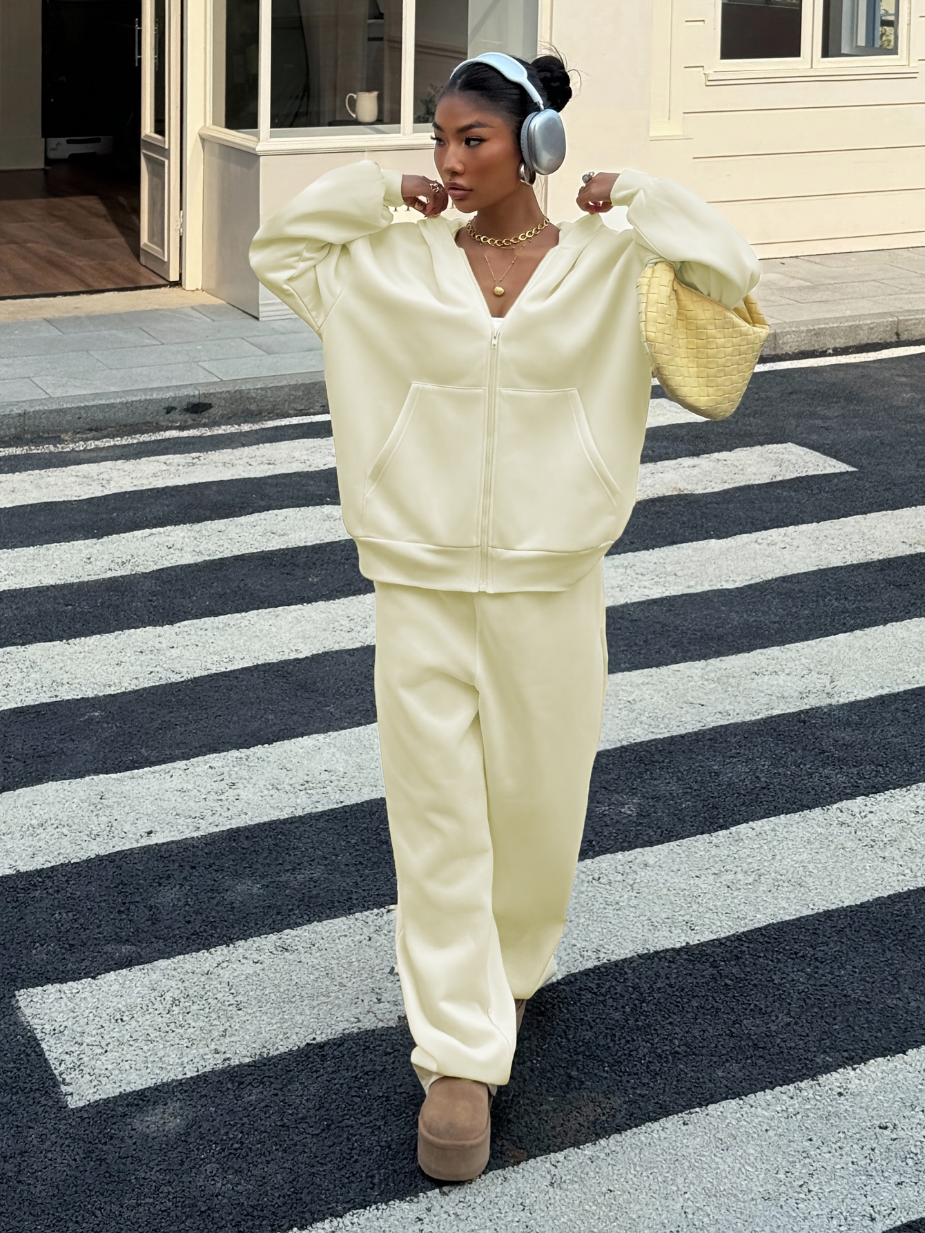 autumn new cream yellow hoodie set women loose lazy style - Temu