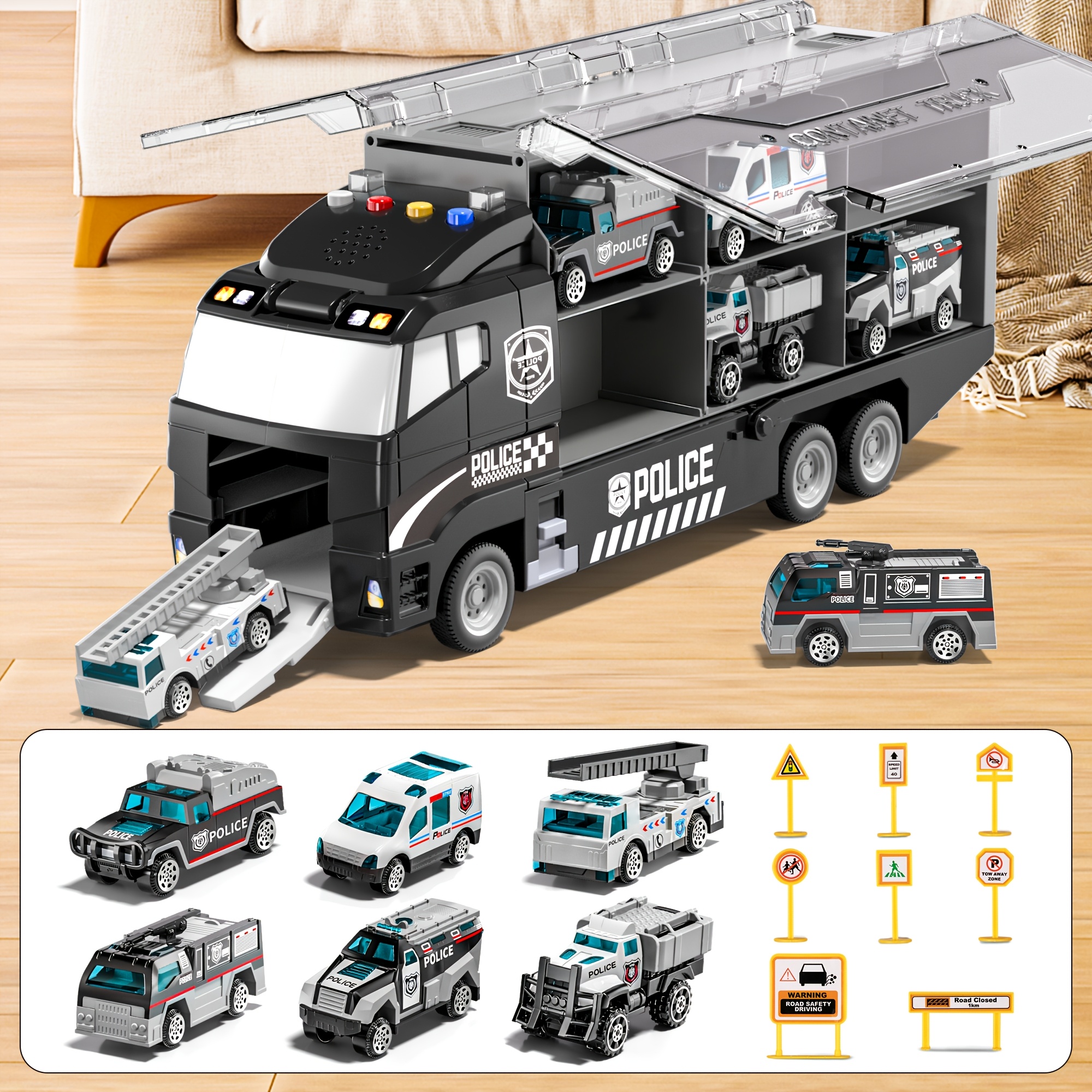 Image of 7-in-1 Police Car Container Transport Truck For Aged 3+, Multi-functional Container Truck & Die-cast Metal Vehicle, Christmas Birthday Gift