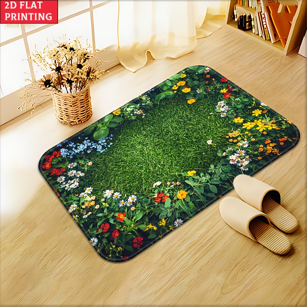 TEMU 2d Flat 1pc Flowers On Hd Printed Outdoor Door Mat, Non-slip Bathroom Floor Mats, Microfiber Absorbent Machine Washable Polyester Mat For