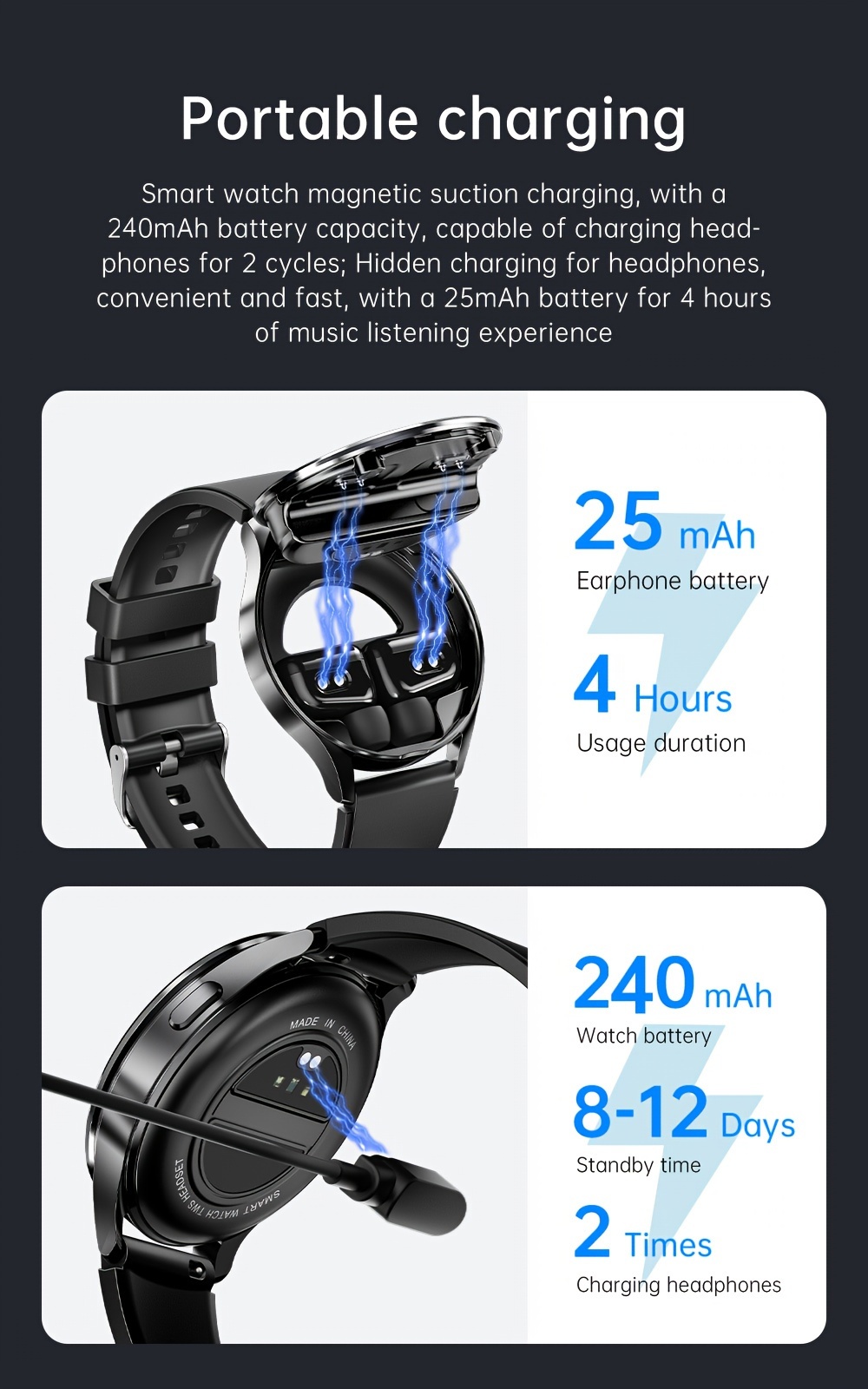 smart sports watch with built in earphone waterproof smart watchs call suitable for android and ios details 3