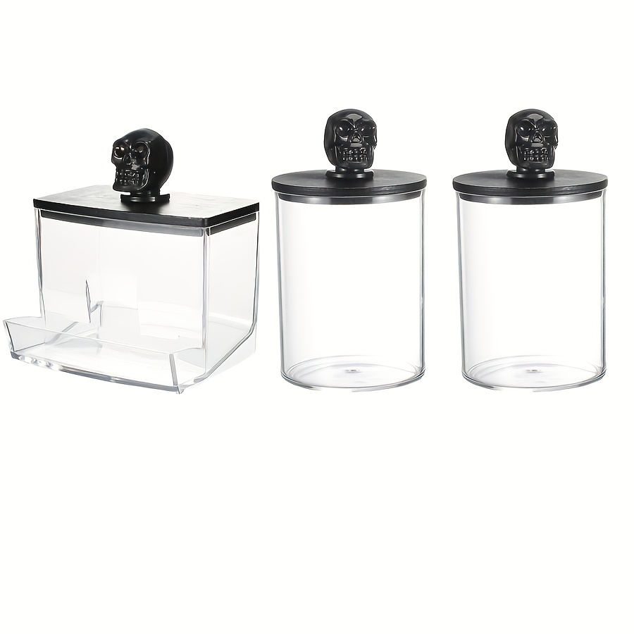 TEMU 3pcs Holder Bathroom Container, 10/7oz Ball/swabs Dispenser, Apothecary Jar Organizer Halloween Decoration For Storage Black Lids