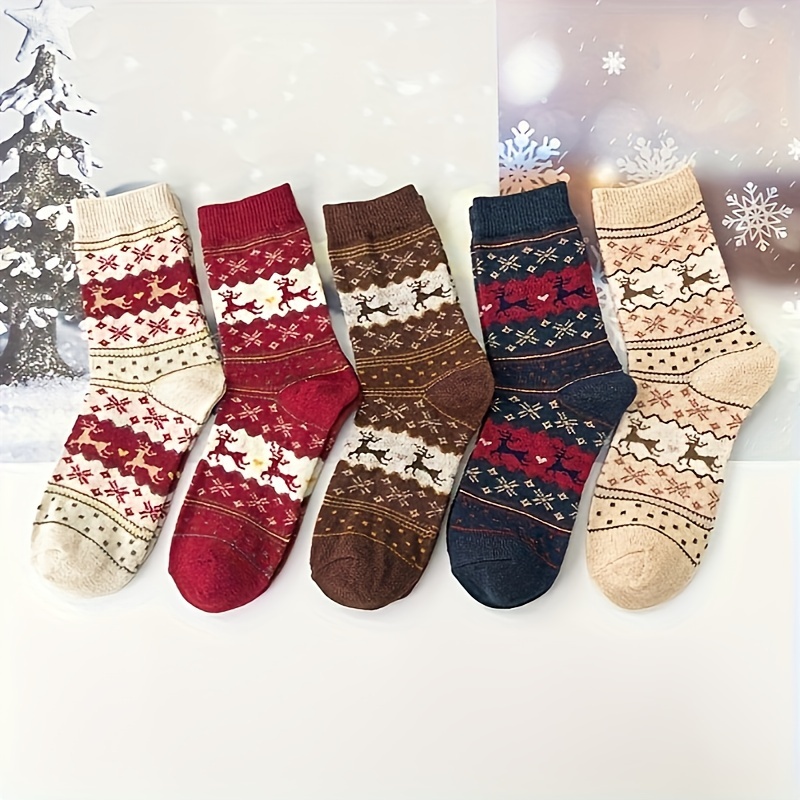 

Women's Cozy Thickened Knee-length Socks 5-pack - Reindeer & Patterns, Soft Polyester , 80% Polyester 20% Polyamide, Hand Wash/, Knitted Christmas Socks Set