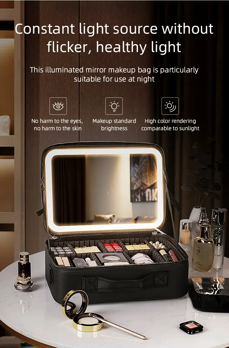 makeup travel bag with led lighted adjustable brightness portable makeup case with adjustable dividers make up train case organizer makeup brush accessories and tool case Product details 0