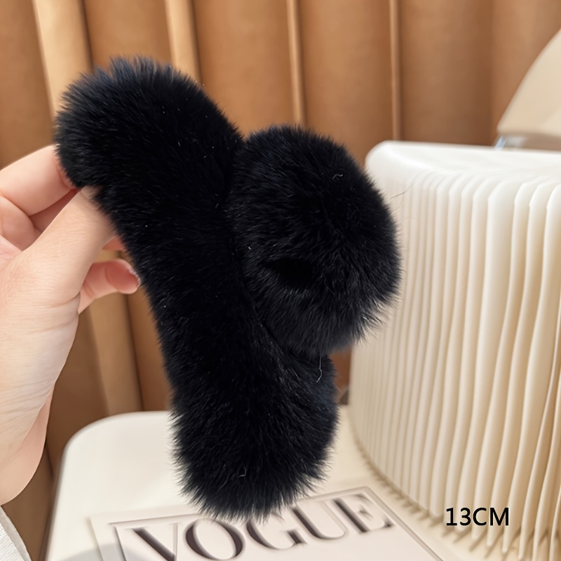 TEMU High-end Large Real Rabbit Fur Plush Claw Clip, Luxurious Autumn/winter Furry Hair Clip For Women, Elegant Updo Shark Clip Hair Accessory,