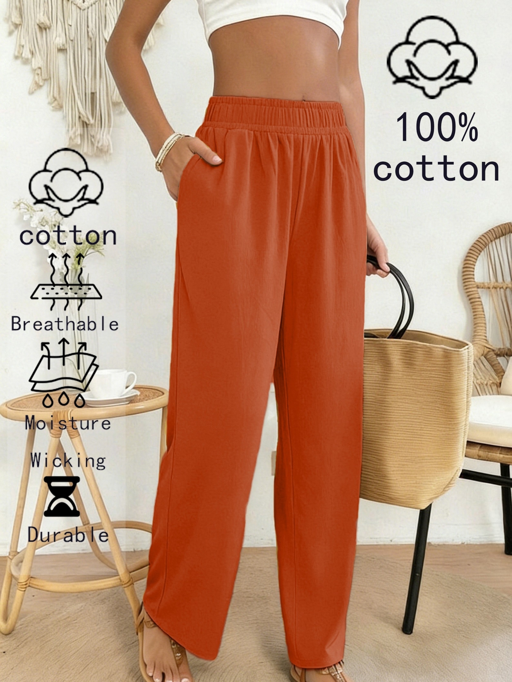 womens casual straight leg pants elastic waistband fabric machine washable everyday  