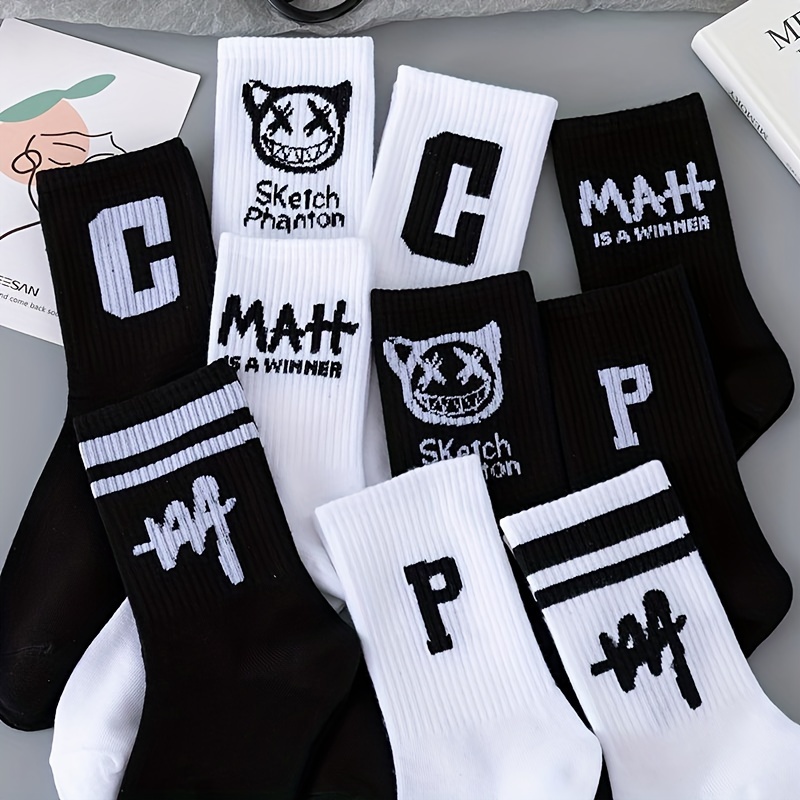 

5/10 Pairs Of Men's Trendy Letter Bear Pattern Crew Socks, Breathable Comfy Casual Unisex Socks For Men's Outdoor Wearing All Wearing