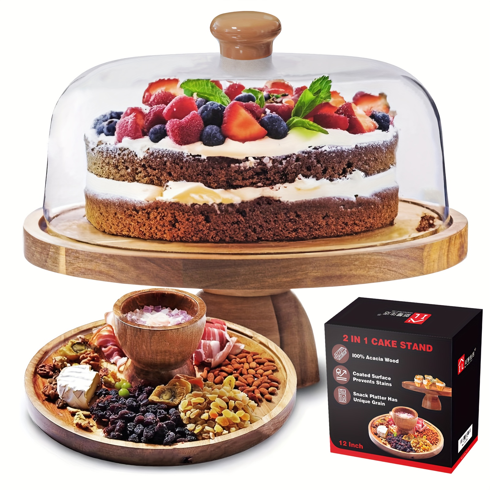 TEMU 2in1 Acacia Wood Cake Stand With Acrylic Dome, Suitable For Parties And Weddings, Can Display , Cheese, , Snacks, Desserts And Fruits
