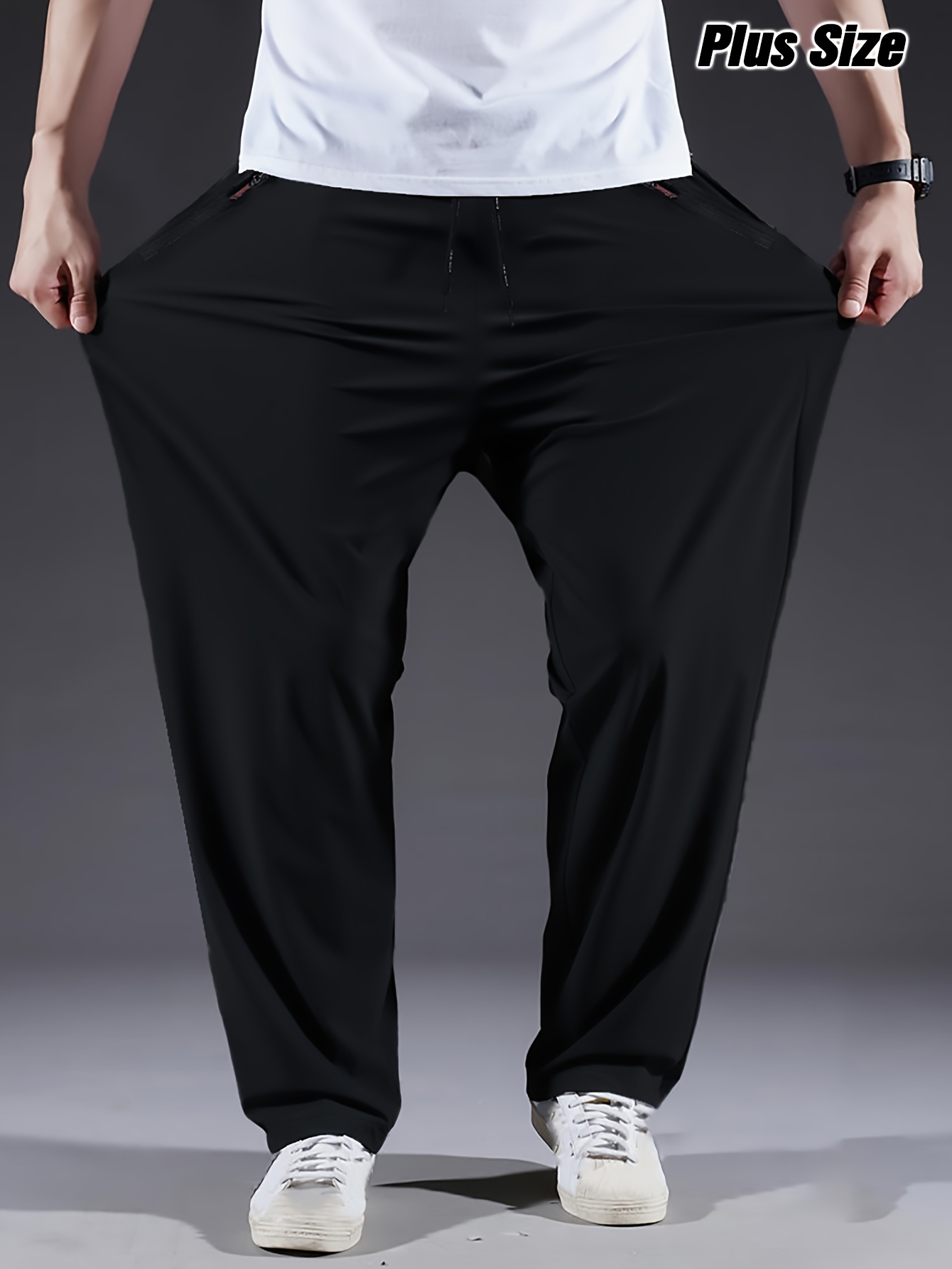 Men's Plus Size Polyester Sports Pants - 100% Polyester, Casual Style, Slight Stretch Fabric, Solid Color, Spring/Summer, Regular Fit, Adult Weekend Casual Trousers with Woven Technique