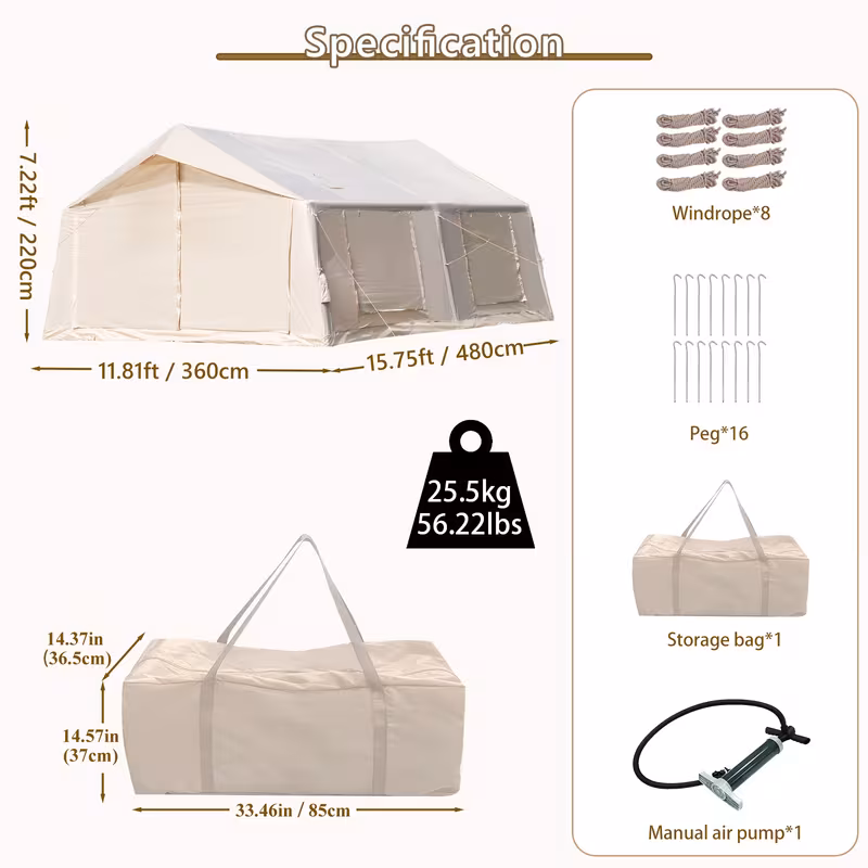 186sq ft inflatable camping tent with hand pump easy setup outdoor blow up tent 4 season glamping air tents cabin house with windows door Product details 9