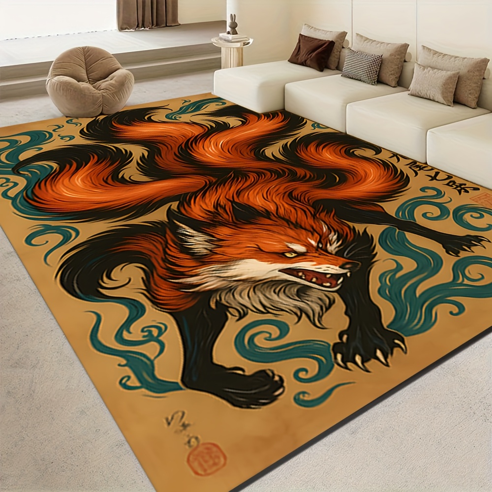 japanse mythische vos met   staarten - zacht verdikt vloerkleed geschikt voor woonkamer, slaapkamer, hal, machinewasbare mat met vos, decoratie voor thuis, traditioneel japans decoratief kleed