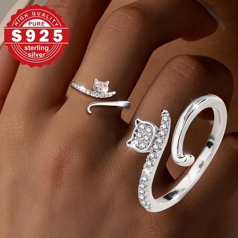 Women's Adjustable S925 Sterling Silver Cat Ring with Cubic Zirconia