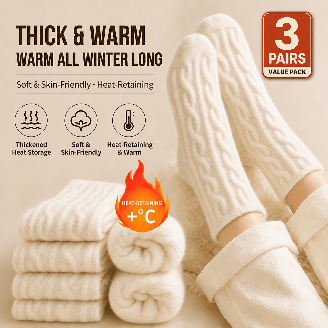 TEMU 3 Pairs Autumn Winter Women's Home Floor Socks Solid Color Thick Soft Warm Mid-calf Socks, Suitable For Autumn Winter Wear, Ideal Winter Warm
