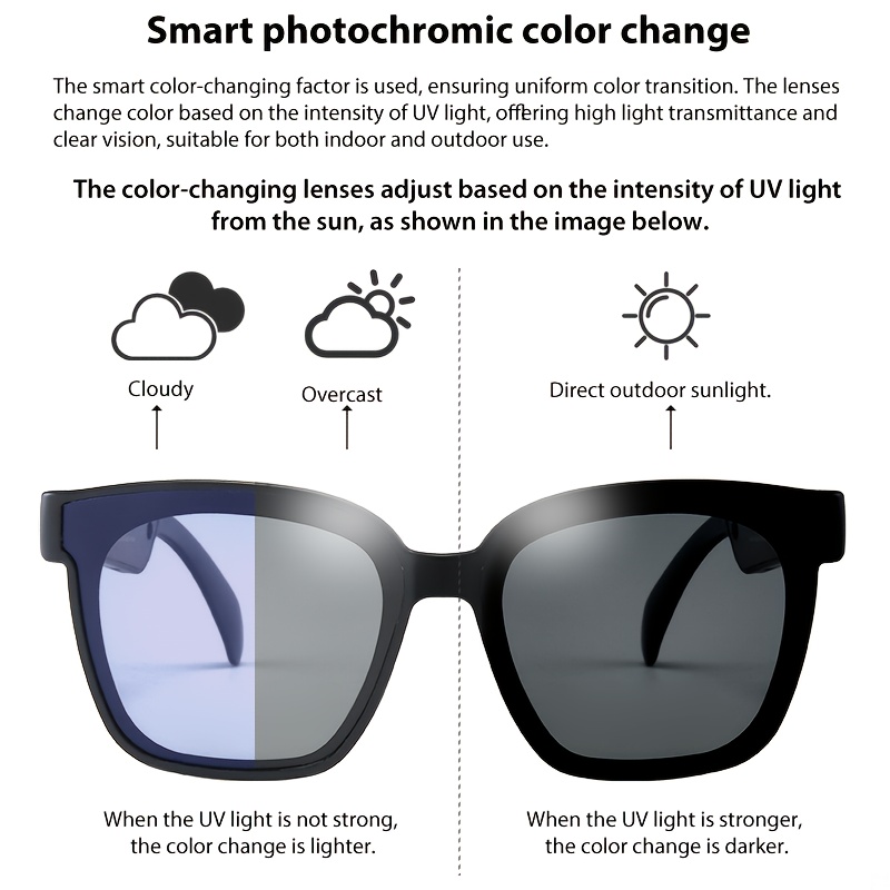 Gafas inteligentes con lentes de oscurecimiento automático, se convierten en gafas de moda bajo la luz solar, micrófono y altavoz integrados, llamadas en alta definición y calidad de audio HiFi, ideales para deportes, manejo, pesca y uso diario en casa, preferidas por hombres y mujeres, perfectas como regalo en días festivos - Imagen 17