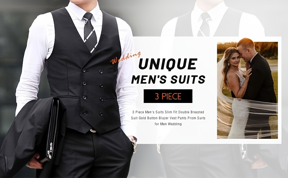 WANGYUE Men'S 3pcs Suit Set - Slim Fit Viscose 80%, Polyester 20% Business Formal Wedding Dance Party Suit with Vest and Pants, Solid Color, Non-Stretch Fabric, Regular Fit, Peak Lapels, All Seasons