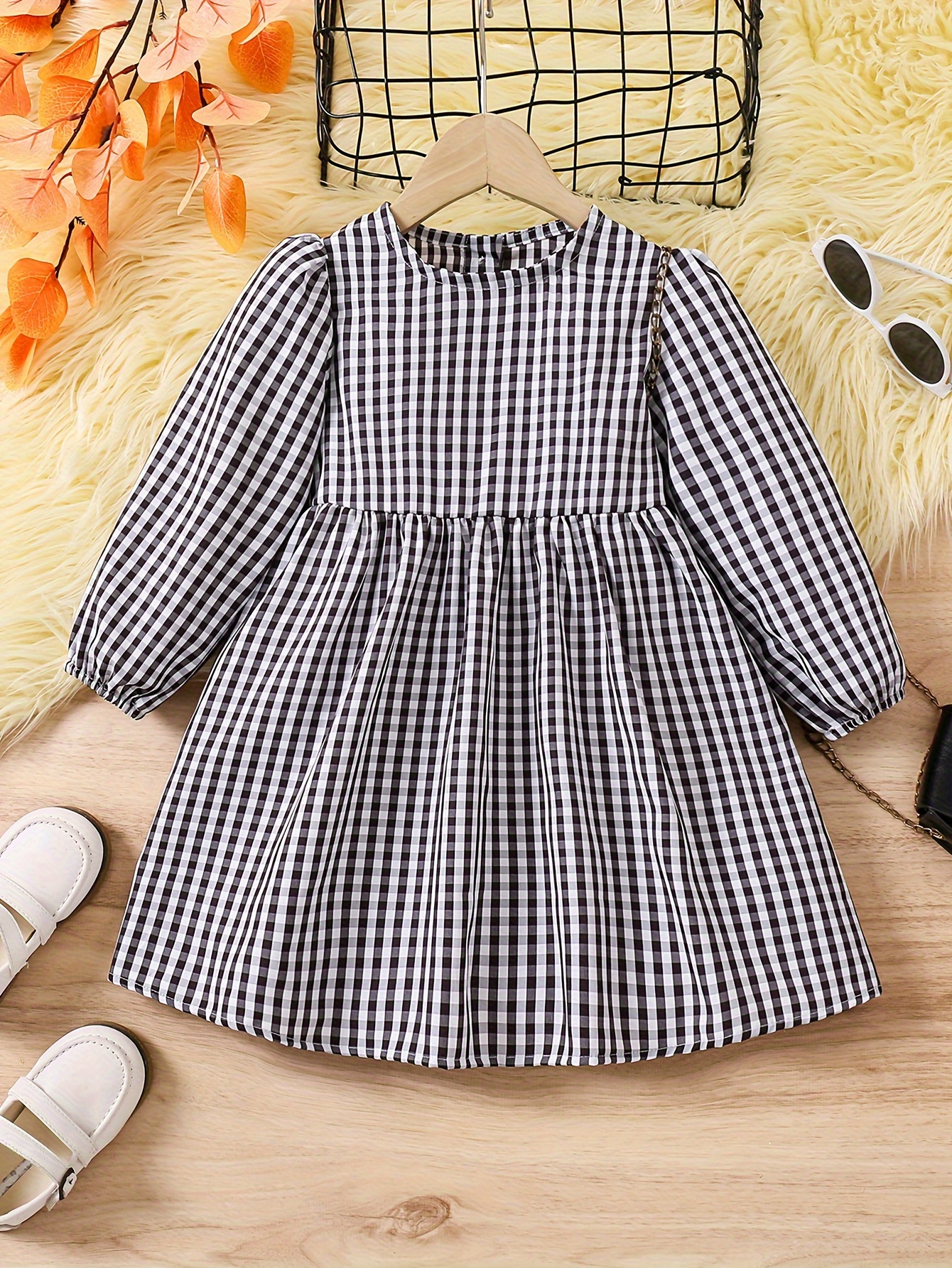 girls black white checkered long sleeve dress stylish