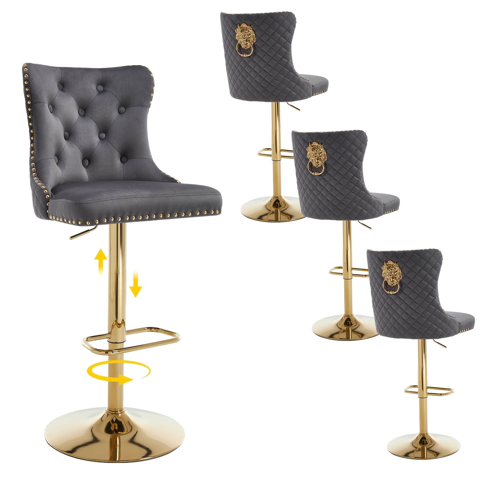 Image of Set Of 4 Modern Stools | Velvet Breakfast Barstools With Lion & High Wing Back, Upholstered Height Adjustable Kitchen Stools, Swivel Counter Bar Chairs For Home Pub & Kitchen Island