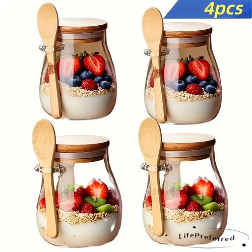 1 2 3 4pcs 11 96oz glass cup container with lid and spoon 4 piece wide mouth mason jar set for overnight chia pudding jars yogurt bowls salad bowl meals containers
