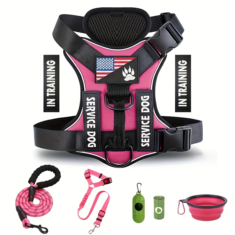 TEMU Adjustable Dog Vest Harness With 5 Pcs Patches And Leash Set Includes Dog Seat Belt, Collapsible Bowls & Poop Bag Dispenser For Training, Walking, Hiking