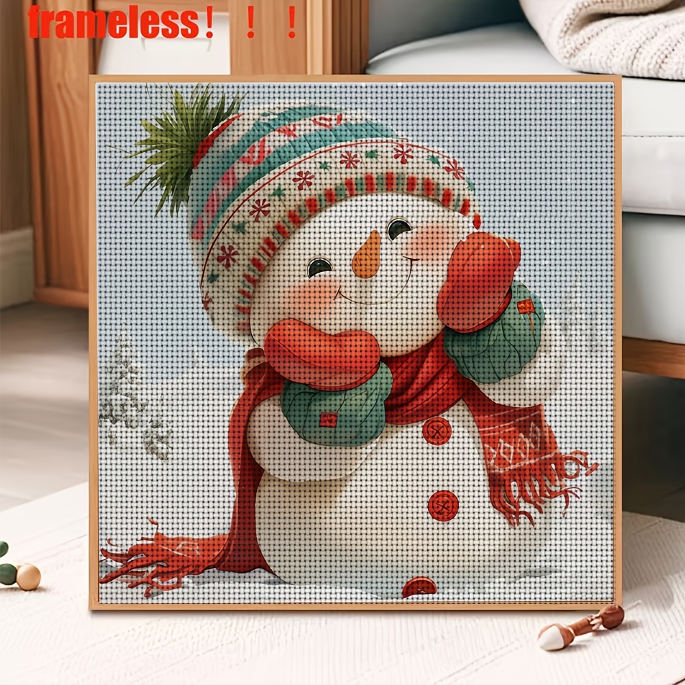 DIY Cross-Stitch Printed Kit, Snowman Wearing Colorful Hat and Scarf Pattern