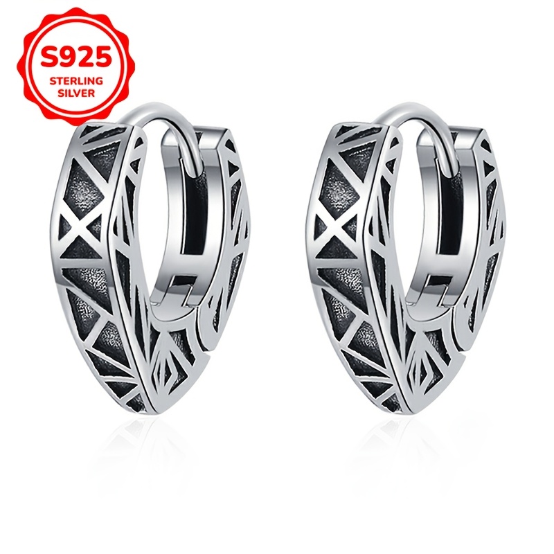 TEMU 1 Pair Vintage Elegant 925 Sterling Silver Heart-shaped Hoop Earrings, Geometric Pattern, Style For Women, Daily & Vacation Wear, Valentine's Day Gift, All Compatible