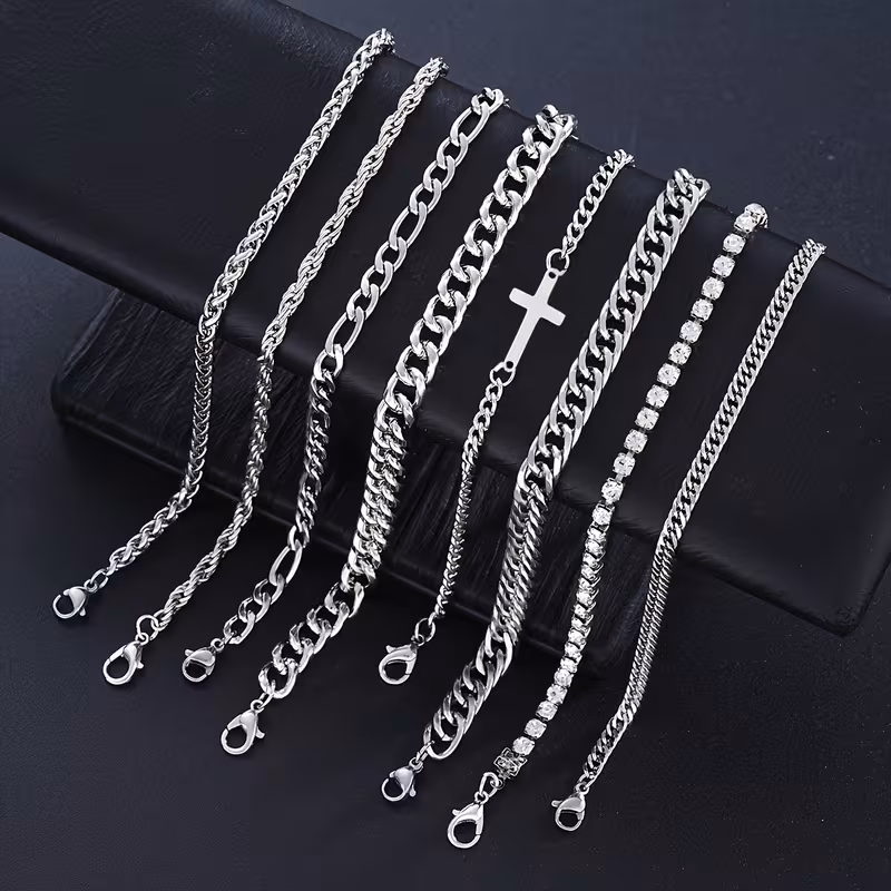 8pcs minimalist hip hop style stainless steel hollow cross chain bracelet set suitable for sports dates gifts parties and casual wear Product details 5