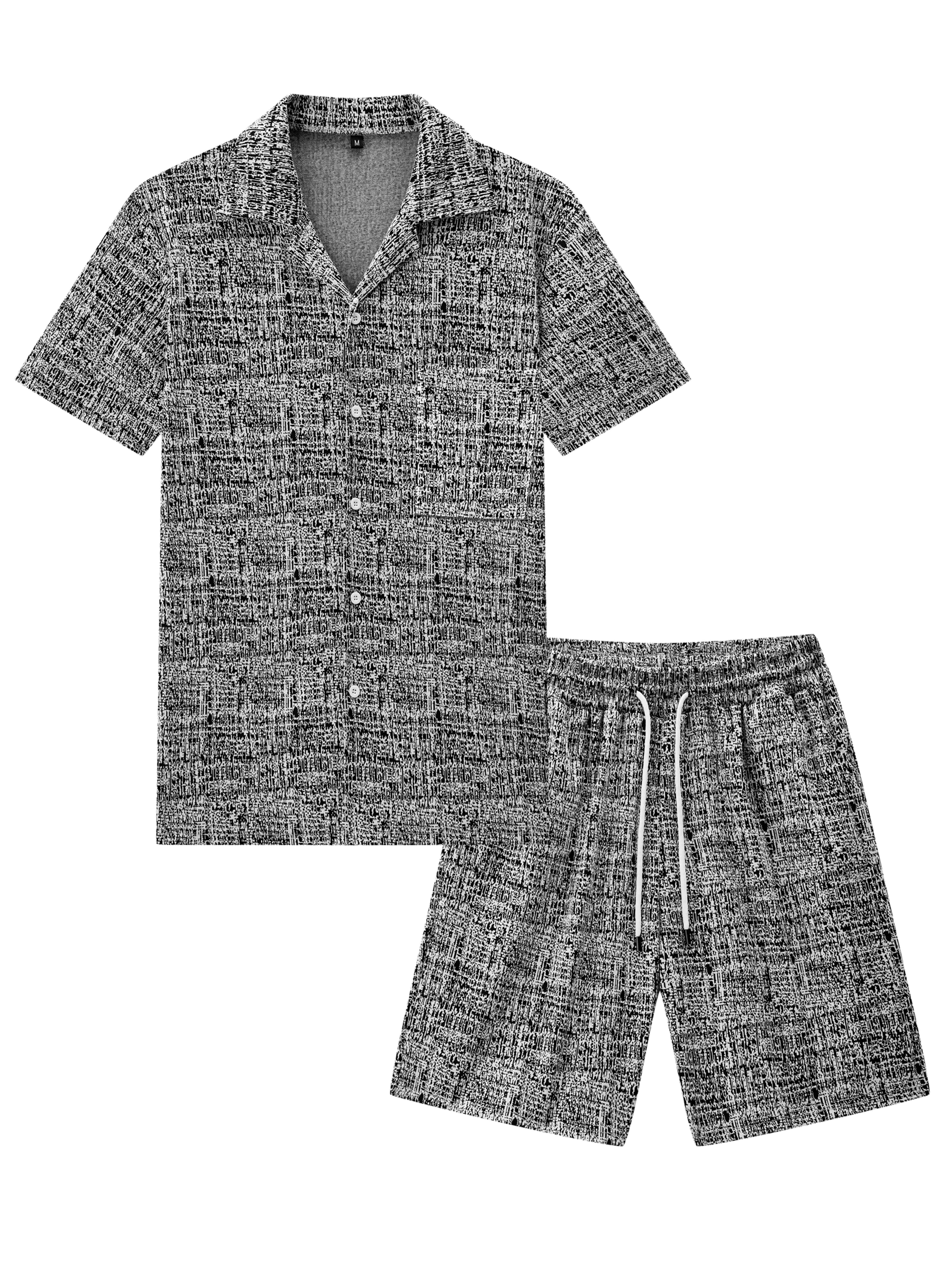Men'S 2pcs Jacquard Set, Short Sleeve Shirt with Side Pockets And Drawstring Shorts, Clean And Comfortable