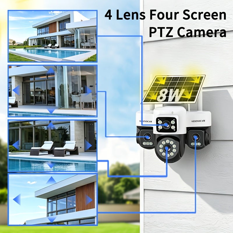 Cámara de seguridad exterior solar 4G AOV con 4 lentes y 4 pantallas 1296P, compatible con grabación 7*24H, con cuatro lentes y vista cuádruple, videovigilancia CCTV, rotación PTZ 360° panorámica/inclinable, seguimiento de movimiento, detección humana PIR, audio bidireccional, visión nocturna a todo