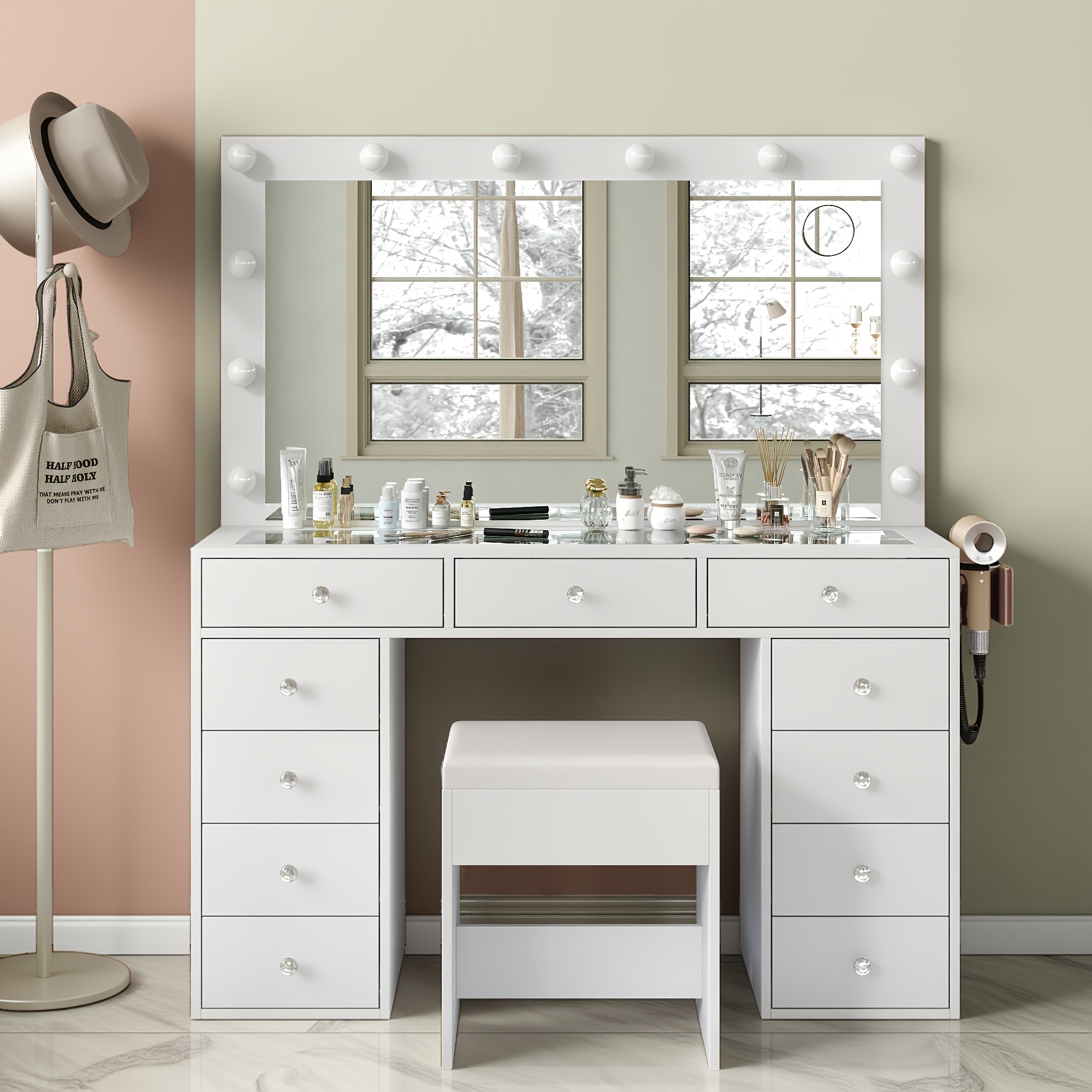 1 Set 11 Drawers 12 Led Lights Makeup Vanity Table Set Chair