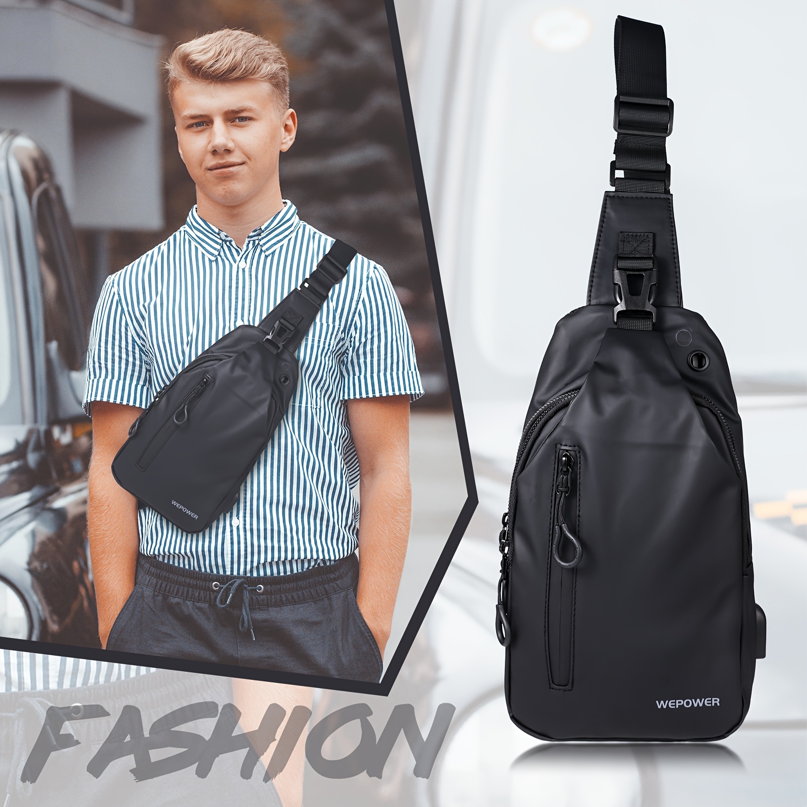 [balde] bolsa de nylon impermeável para homens - bolsa de peito casual com múltiplos compartimentos, alça ajustável & porta de carregamento usb para viagem, caminhada & uso diário, equipamento de caminhada | bolsa | design elegante detalhes 0