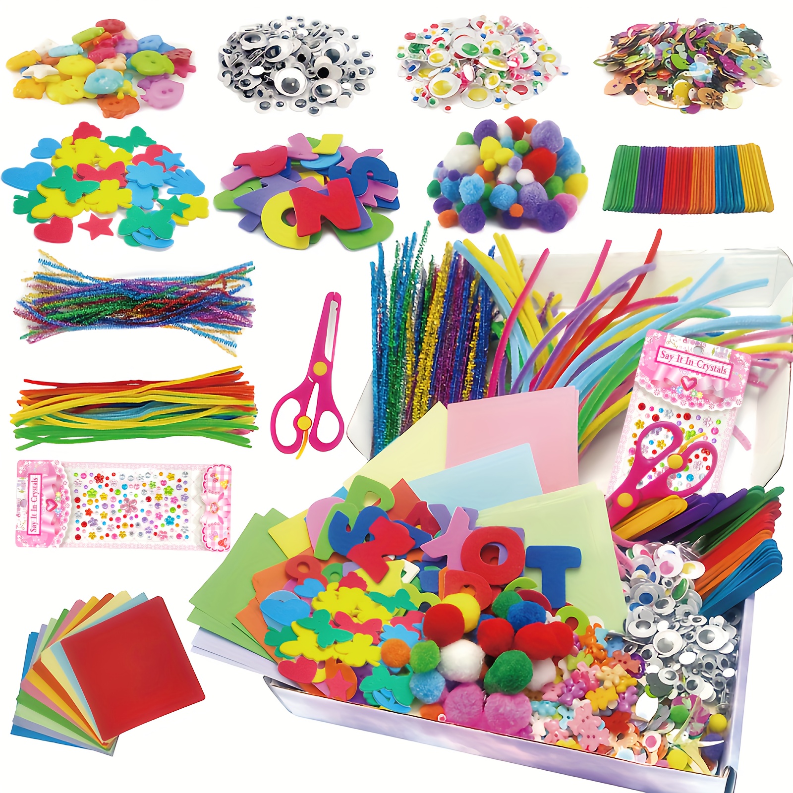 

1000pcs/set Art And Craft Supplies, Diy Crafts Supplies Set Including Pipe Cleaners, Pom Poms And More