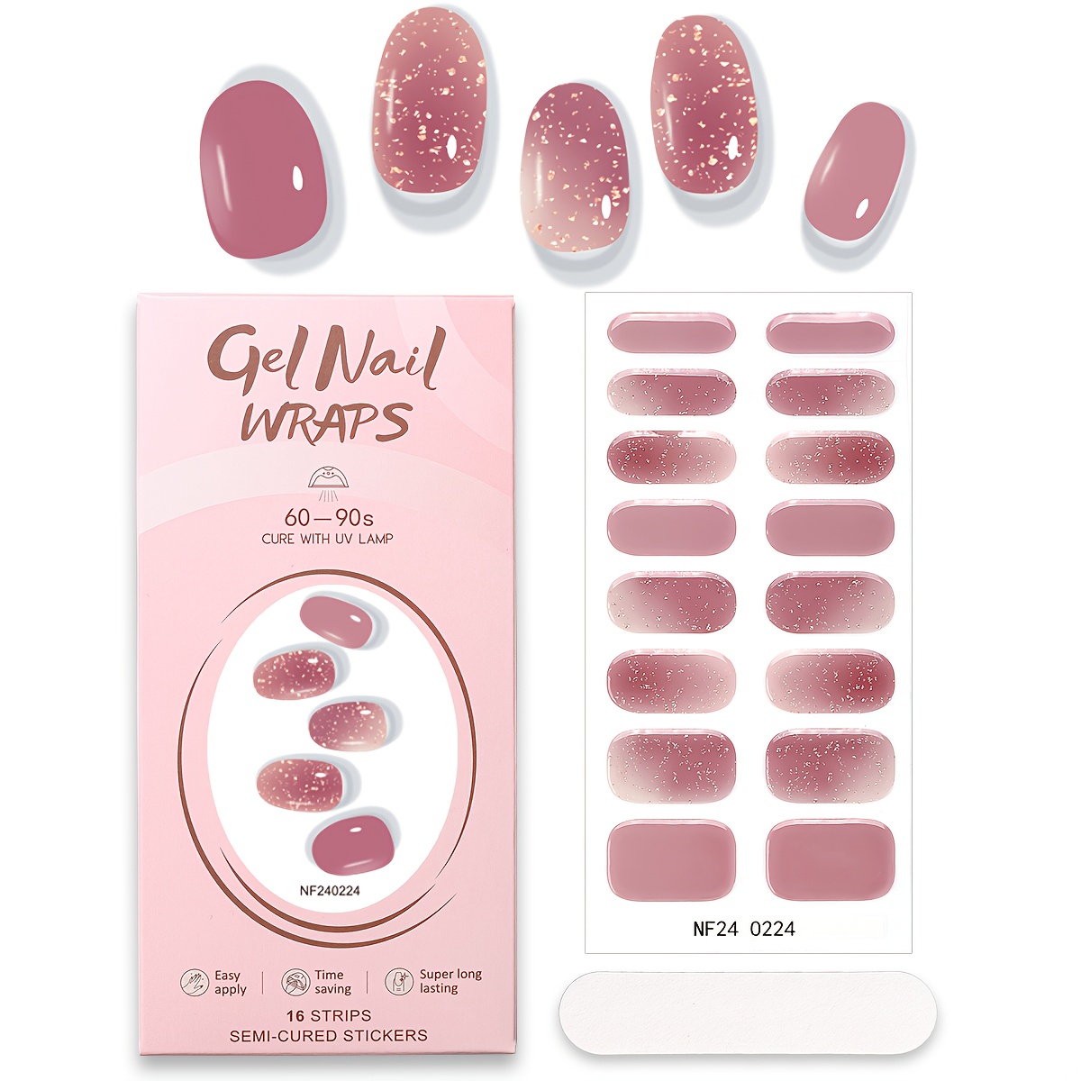 Image of Set Of 16 Fingers Semi-cured Nail Wraps, Sweet Pink And Of Stars Nail Stickers, Gentle Gradient Pink And Purple With Crushed Golden Dotted Design, Easy To Bloom Fingertips Elegant Light